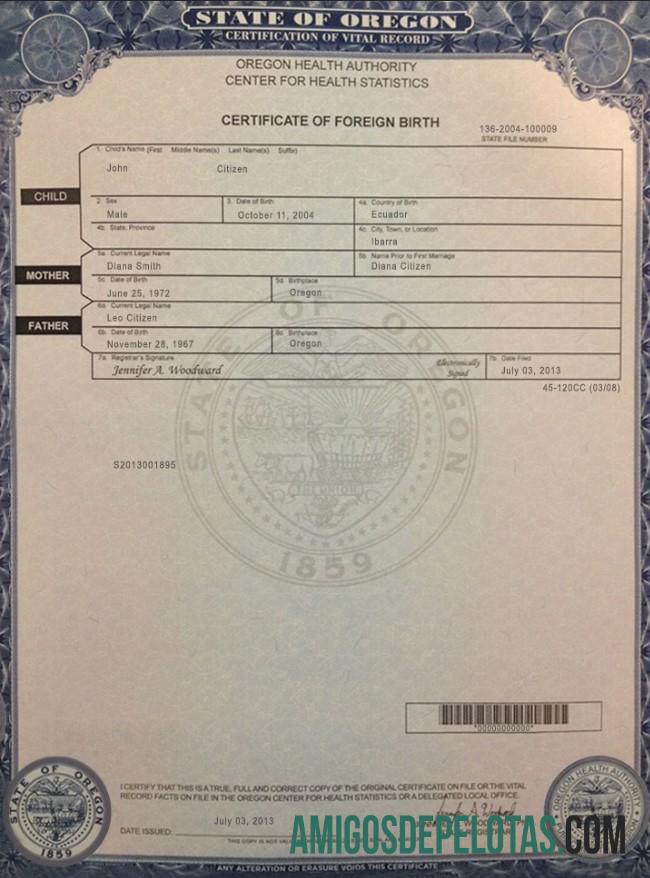Certidão de Nascimento nos EUA Oregon modelo